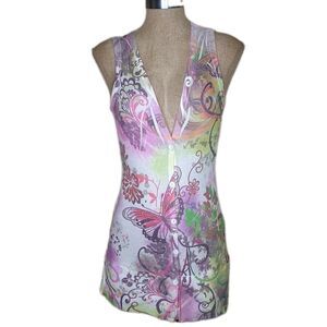 Romeo & Juliet Couture (Saks) Floral Tank Shirt Sz M (Jrs) Hippie 60s Boho